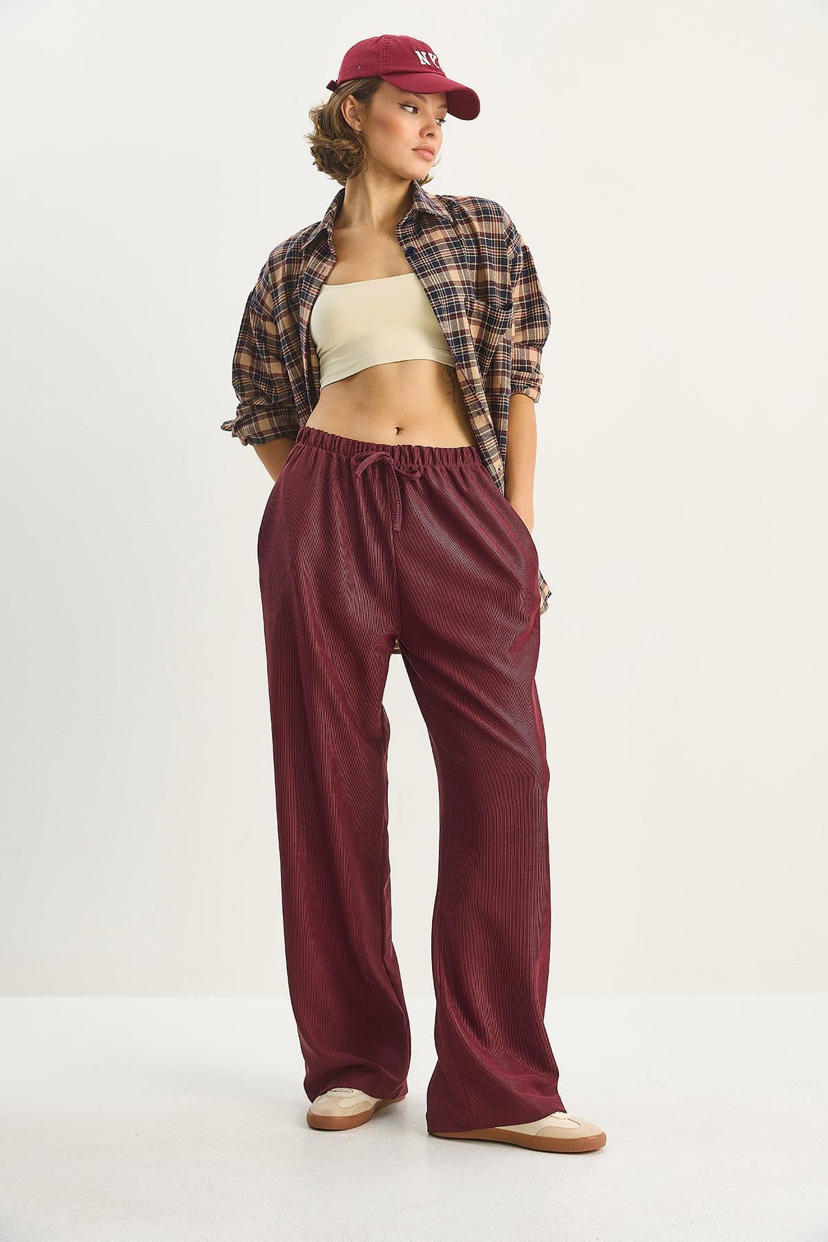 Women's Elastic Waist, Pocket Detail, Ribbed Palazzo Trousers 207 60283671 - Burgundy