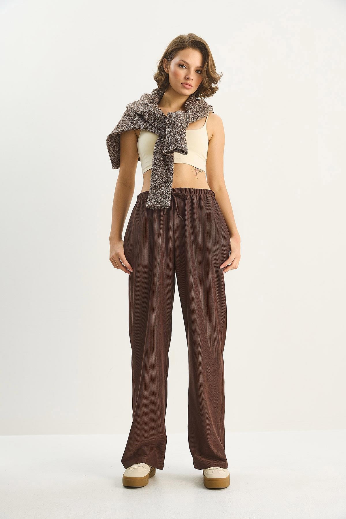 Women's Elastic Waist, Pocket Detail, Ribbed Palazzo Trousers 207 60283671 - Dark Brown