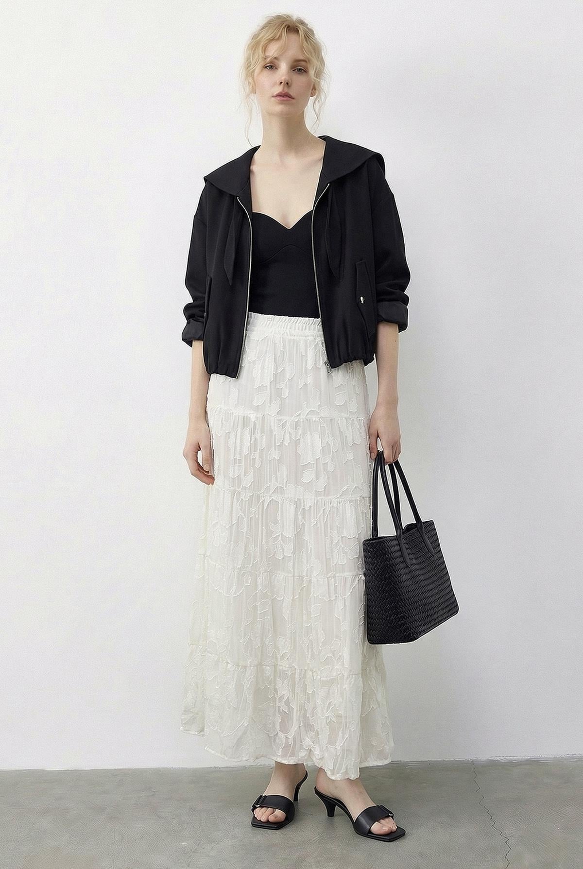 Women's Elastic Waist Self-Patterned Lined Midi Skirt 355 60286035 - Ecru