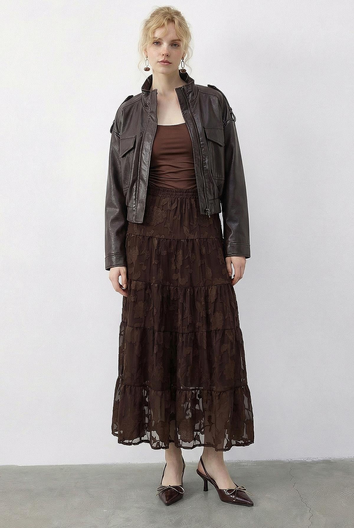 Women's Elastic Waist Self-Patterned Lined Midi Skirt 355 60286035 - Dark Brown