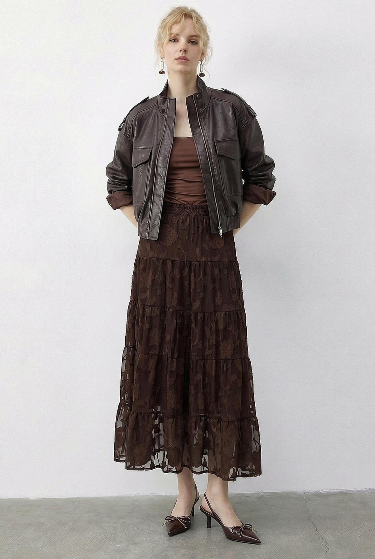 Women's Elastic Waist Self-Patterned Lined Midi Skirt 355 60286035 - Dark Brown