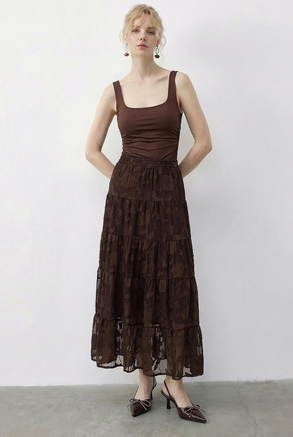 Women's Elastic Waist Self-Patterned Lined Midi Skirt 355 60286035 - Dark Brown