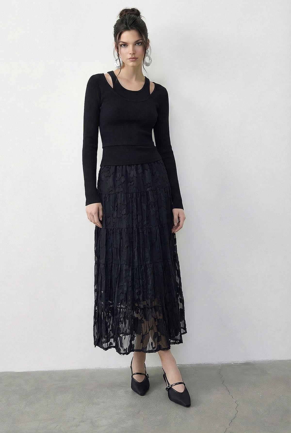 Women's Elastic Waist Self-Patterned Lined Midi Skirt 355 60286035 - Black