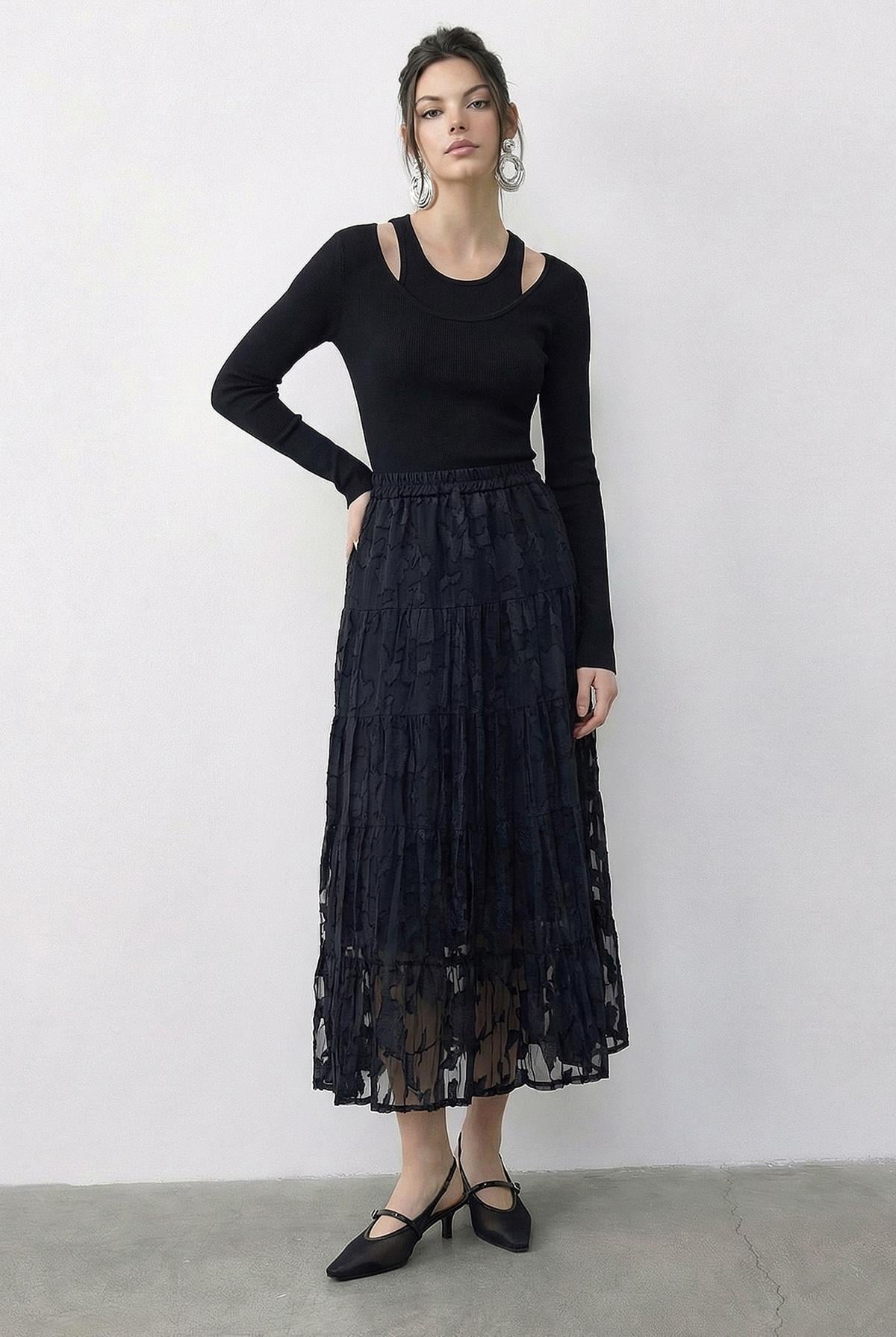 Women's Elastic Waist Self-Patterned Lined Midi Skirt 355 60286035 - Black