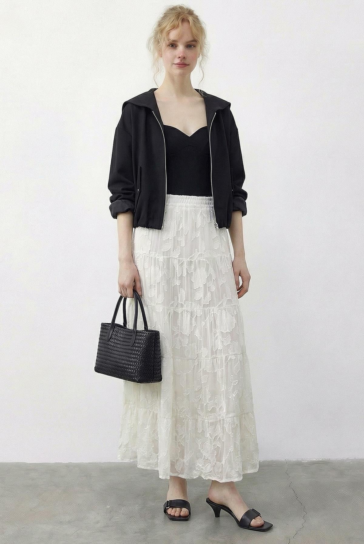 Women's Elastic Waist Self-Patterned Lined Midi Skirt 355 60286035 - Ecru