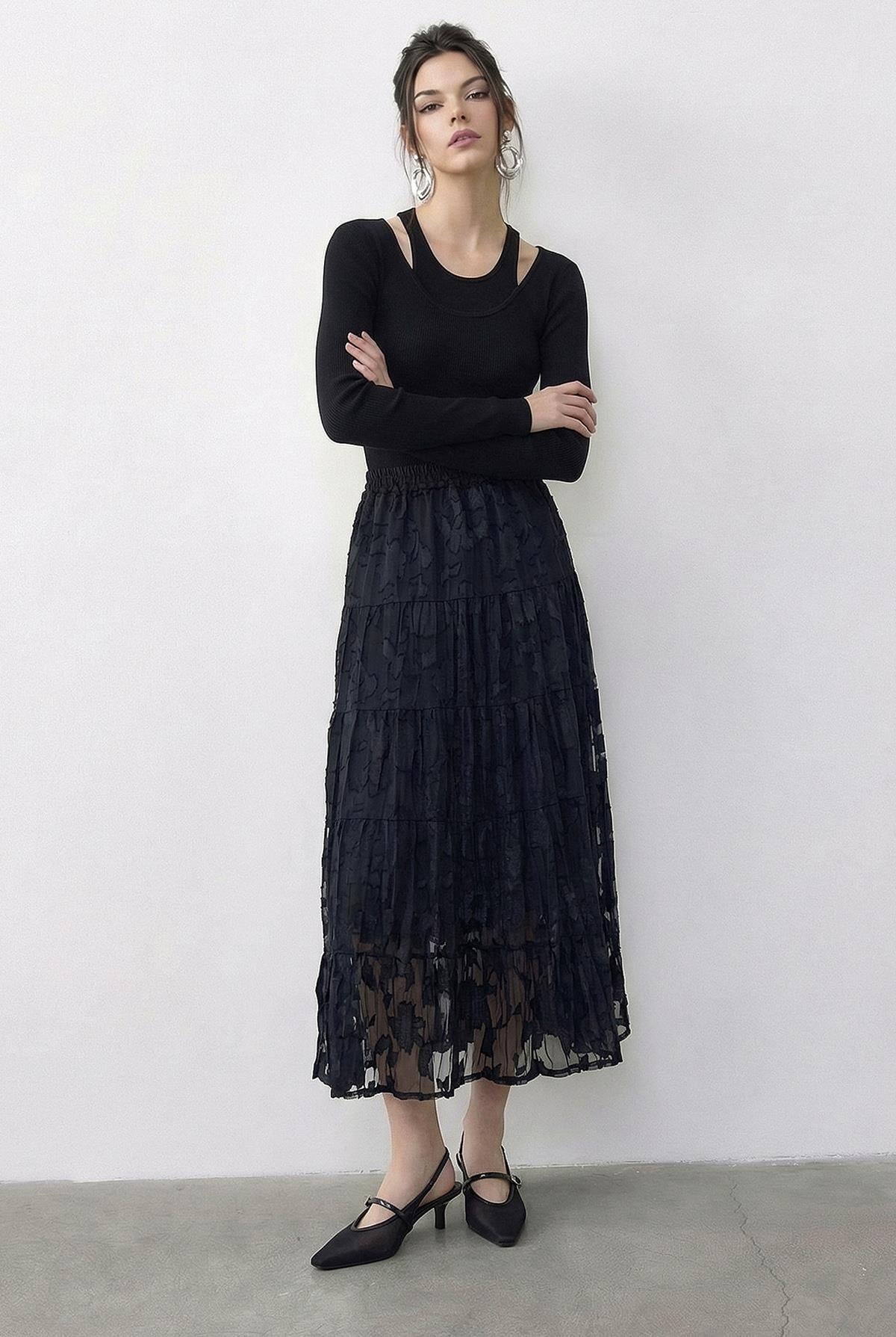 Women's Elastic Waist Self-Patterned Lined Midi Skirt 355 60286035 - Black