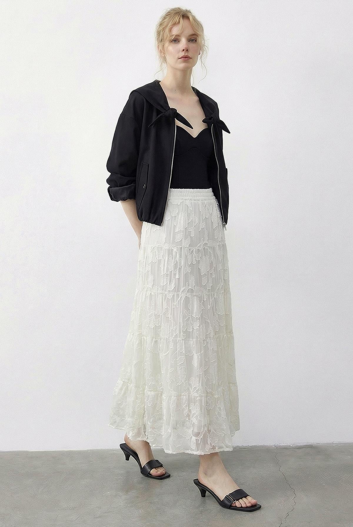 Women's Elastic Waist Self-Patterned Lined Midi Skirt 355 60286035 - Ecru