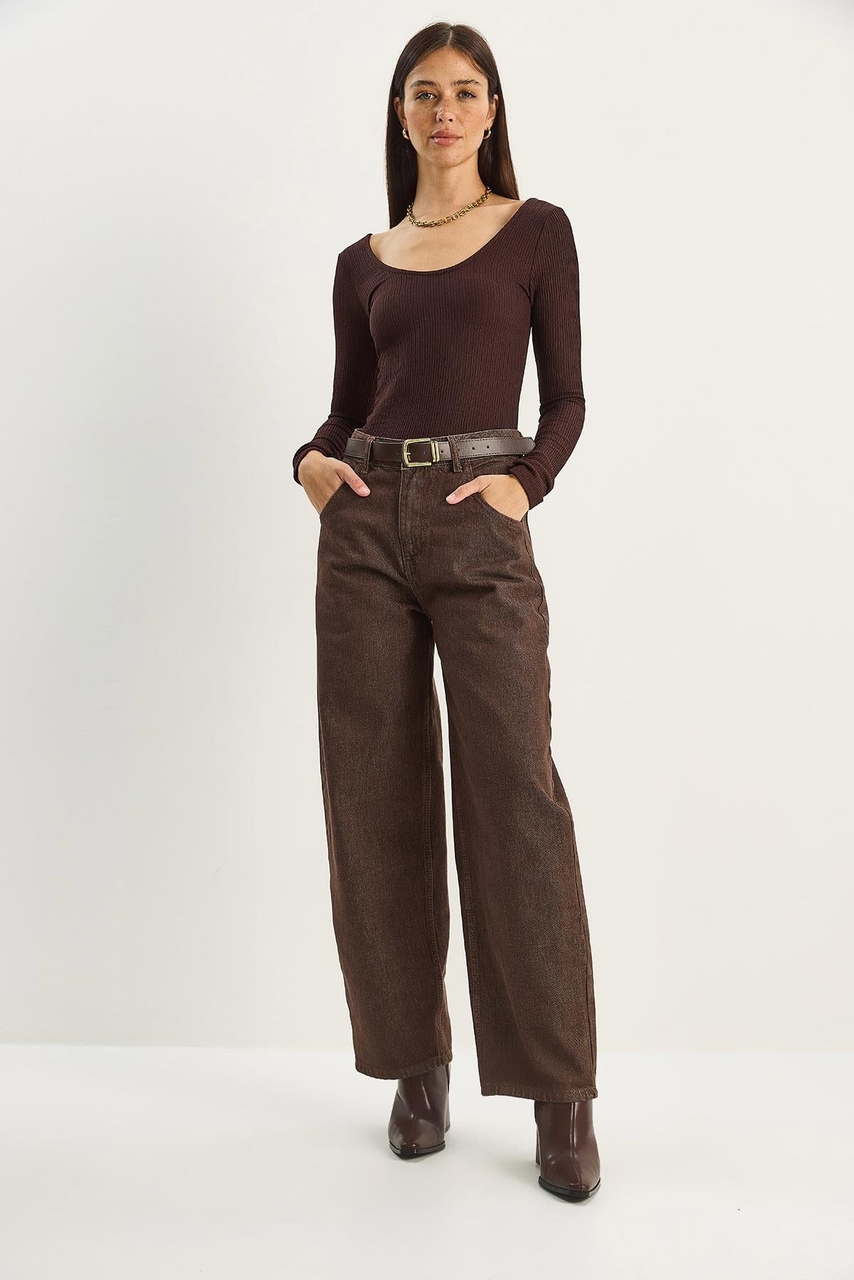 Women's Baggy Denim Pants with Pocket Detail and Belt 5288 60283781 - Brown