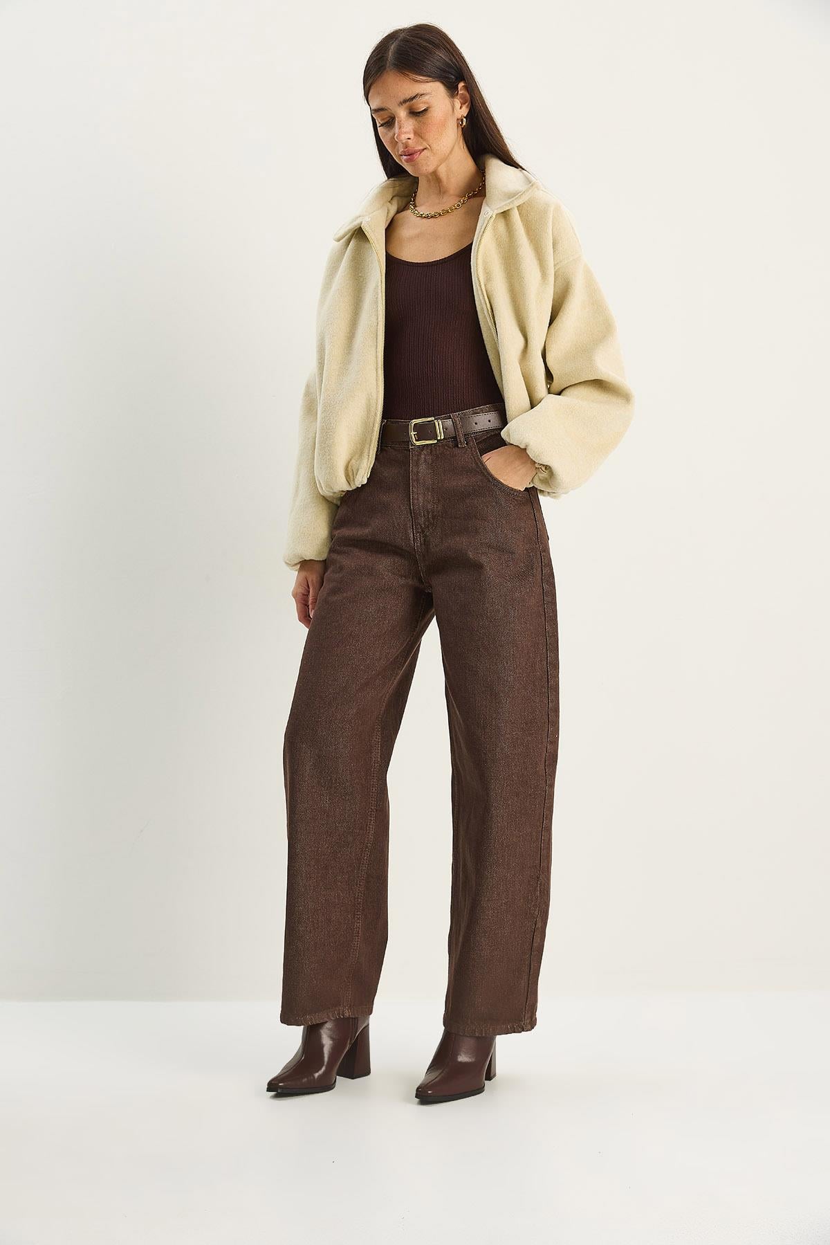 Women's Baggy Denim Pants with Pocket Detail and Belt 5288 60283781 - Brown