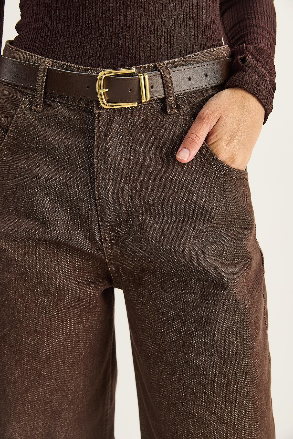 Women's Baggy Denim Pants with Pocket Detail and Belt 5288 60283781 - Brown