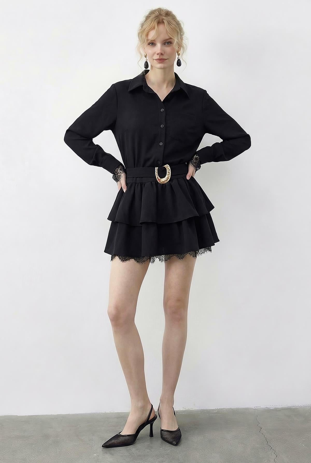 Women's Lace Detail Belted Ruffled Dress 4178 60286027 - Black