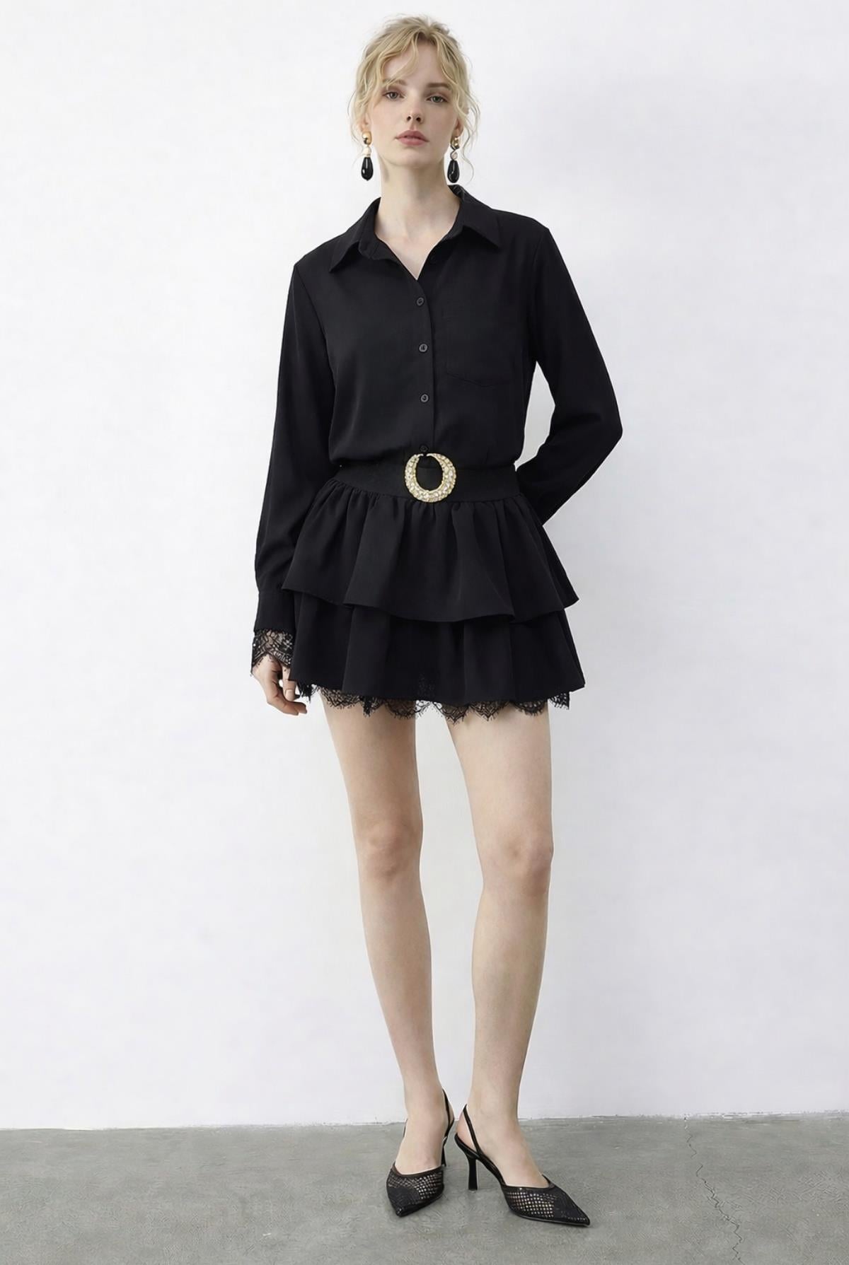 Women's Lace Detail Belted Ruffled Dress 4178 60286027 - Black