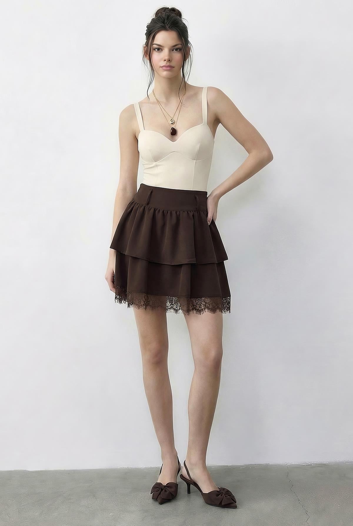 Women's Lace Detail Ruffled Crepe Skirt 7219 60286025 - Dark Brown