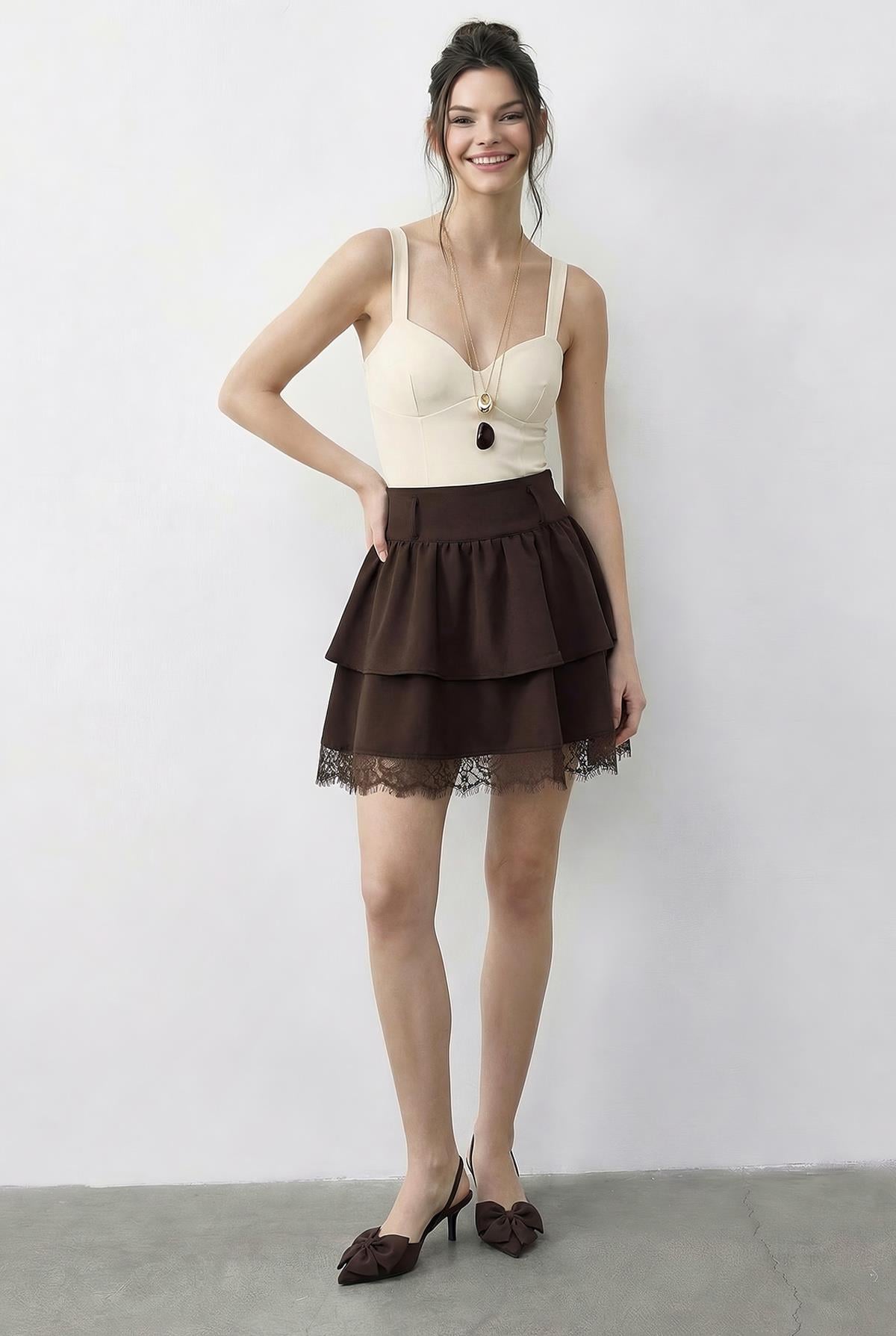 Women's Lace Detail Ruffled Crepe Skirt 7219 60286025 - Dark Brown