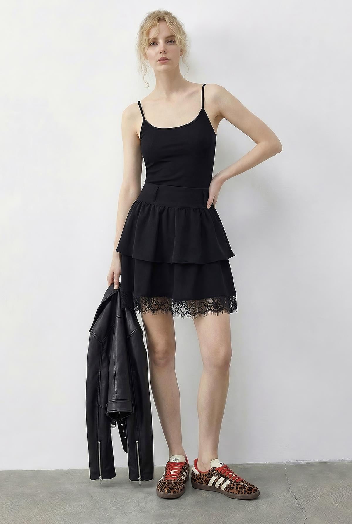 Women's Lace Detail Ruffled Crepe Skirt 7219 60286025 - Black
