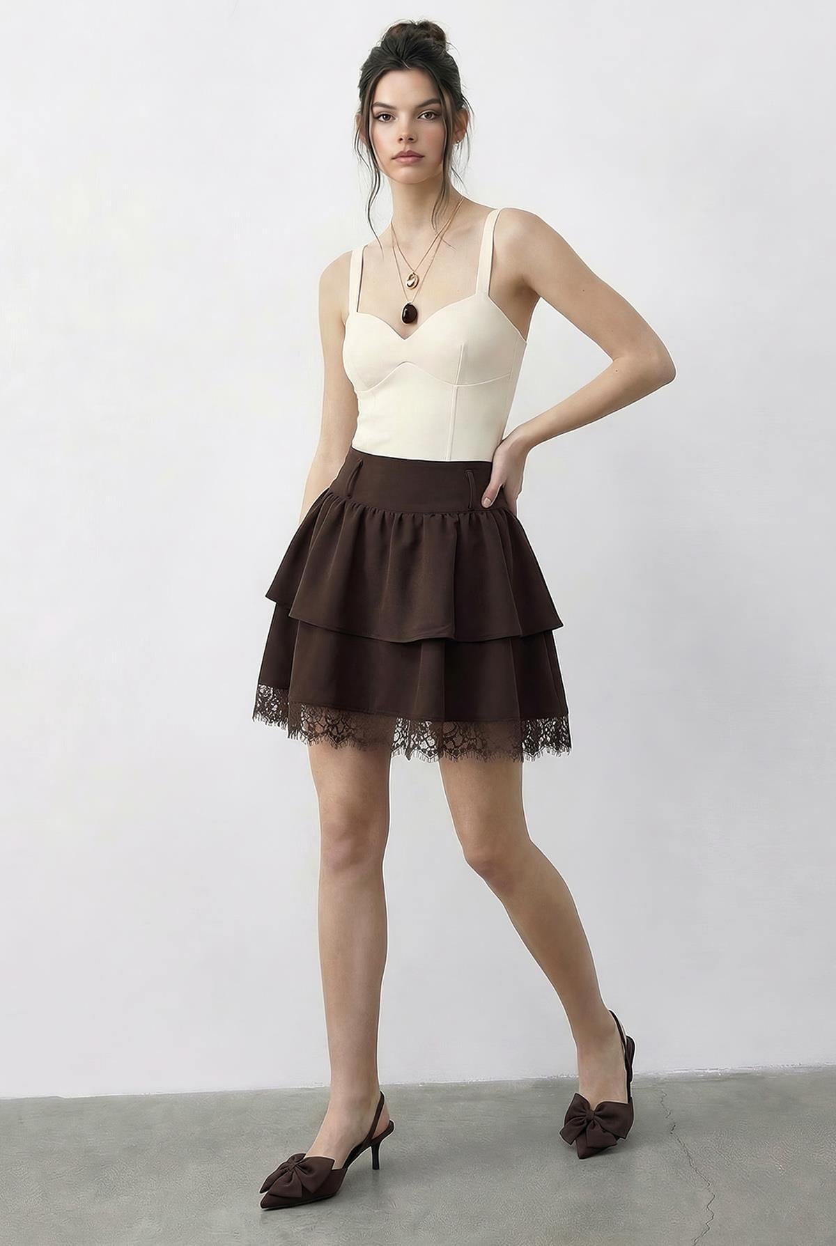 Women's Lace Detail Ruffled Crepe Skirt 7219 60286025 - Dark Brown