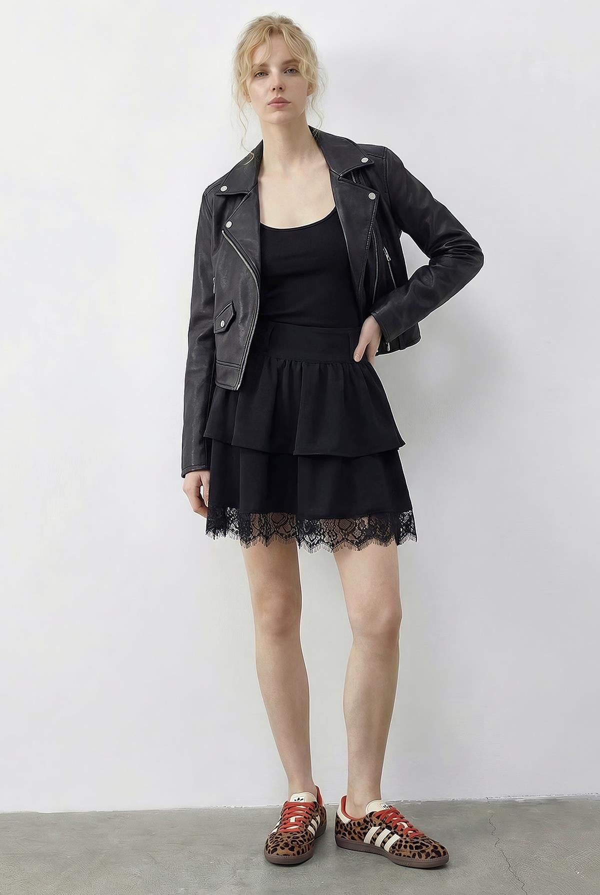 Women's Lace Detail Ruffled Crepe Skirt 7219 60286025 - Black