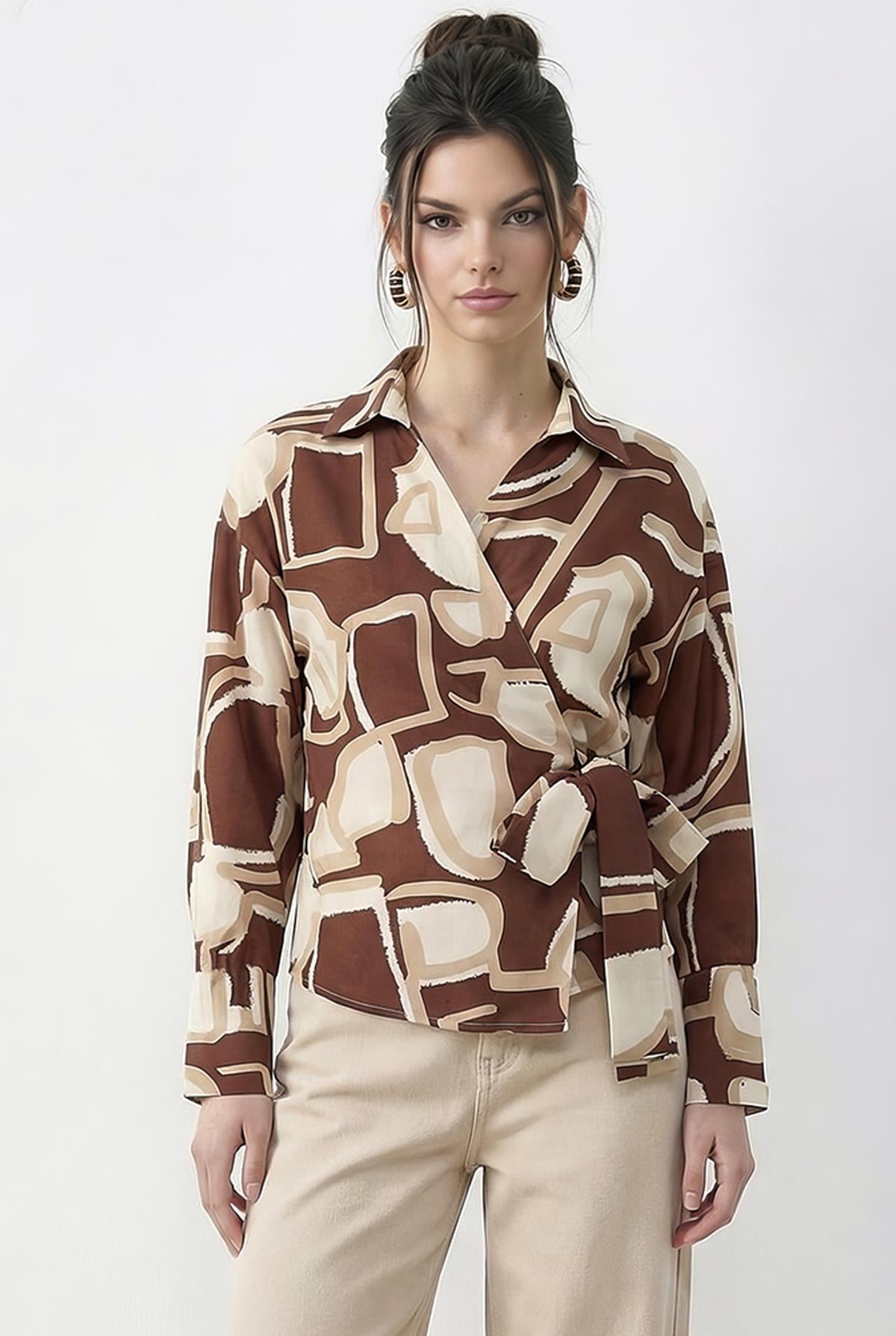 Women's Patterned Wrap Collar Side-Tie Viscose Shirt 71771 60286039 - Tan