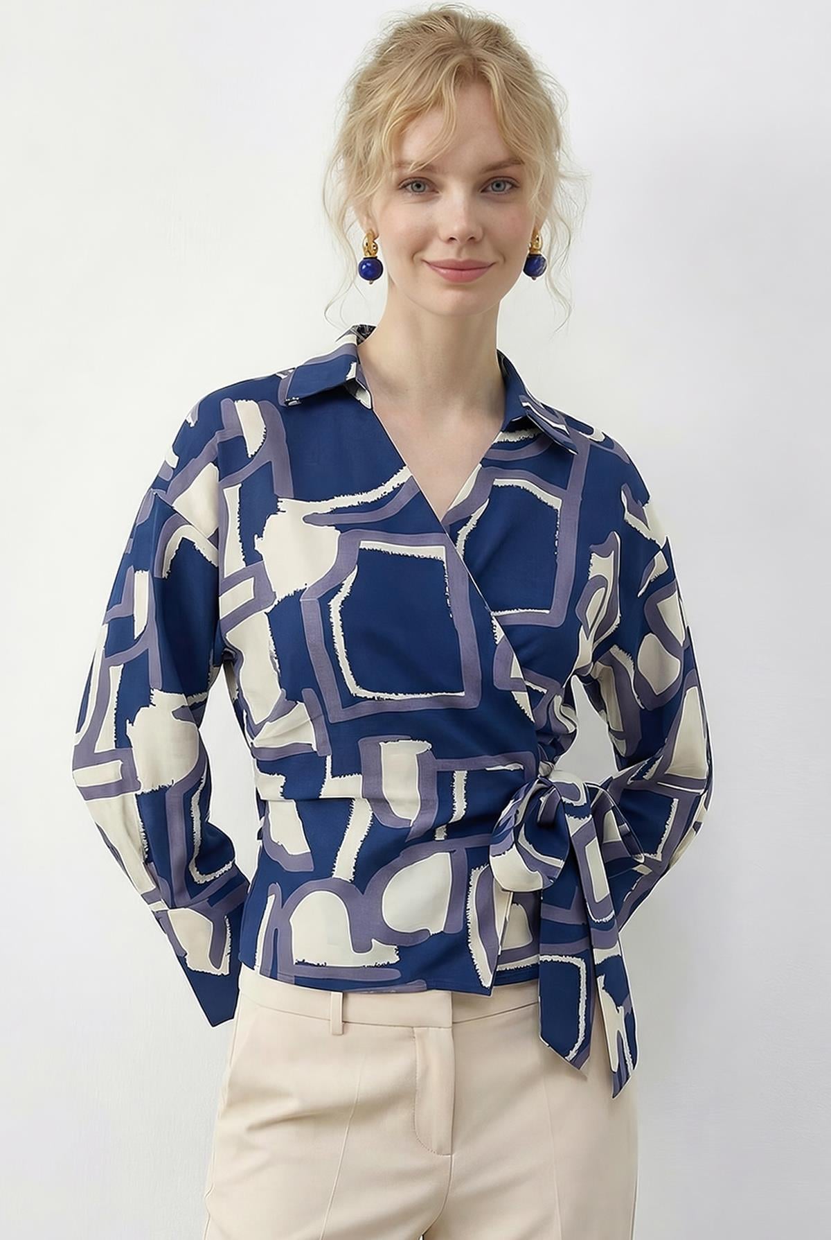 Women's Patterned Wrap Collar Side-Tie Viscose Shirt 71771 60286039 - Blue