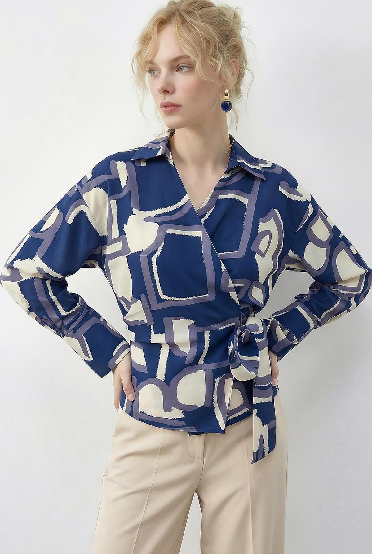 Women's Patterned Wrap Collar Side-Tie Viscose Shirt 71771 60286039 - Blue