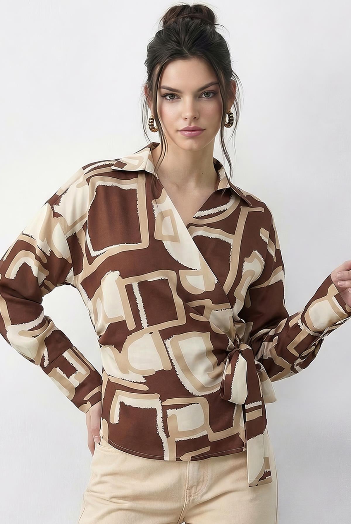 Women's Patterned Wrap Collar Side-Tie Viscose Shirt 71771 60286039 - Tan