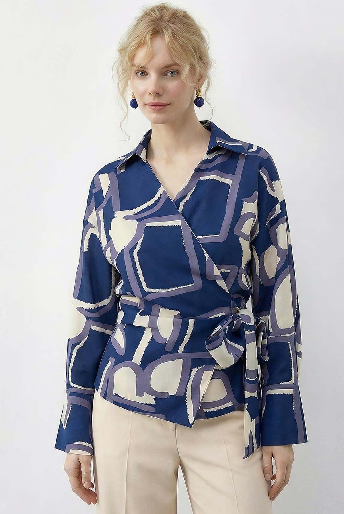 Women's Patterned Wrap Collar Side-Tie Viscose Shirt 71771 60286039 - Blue