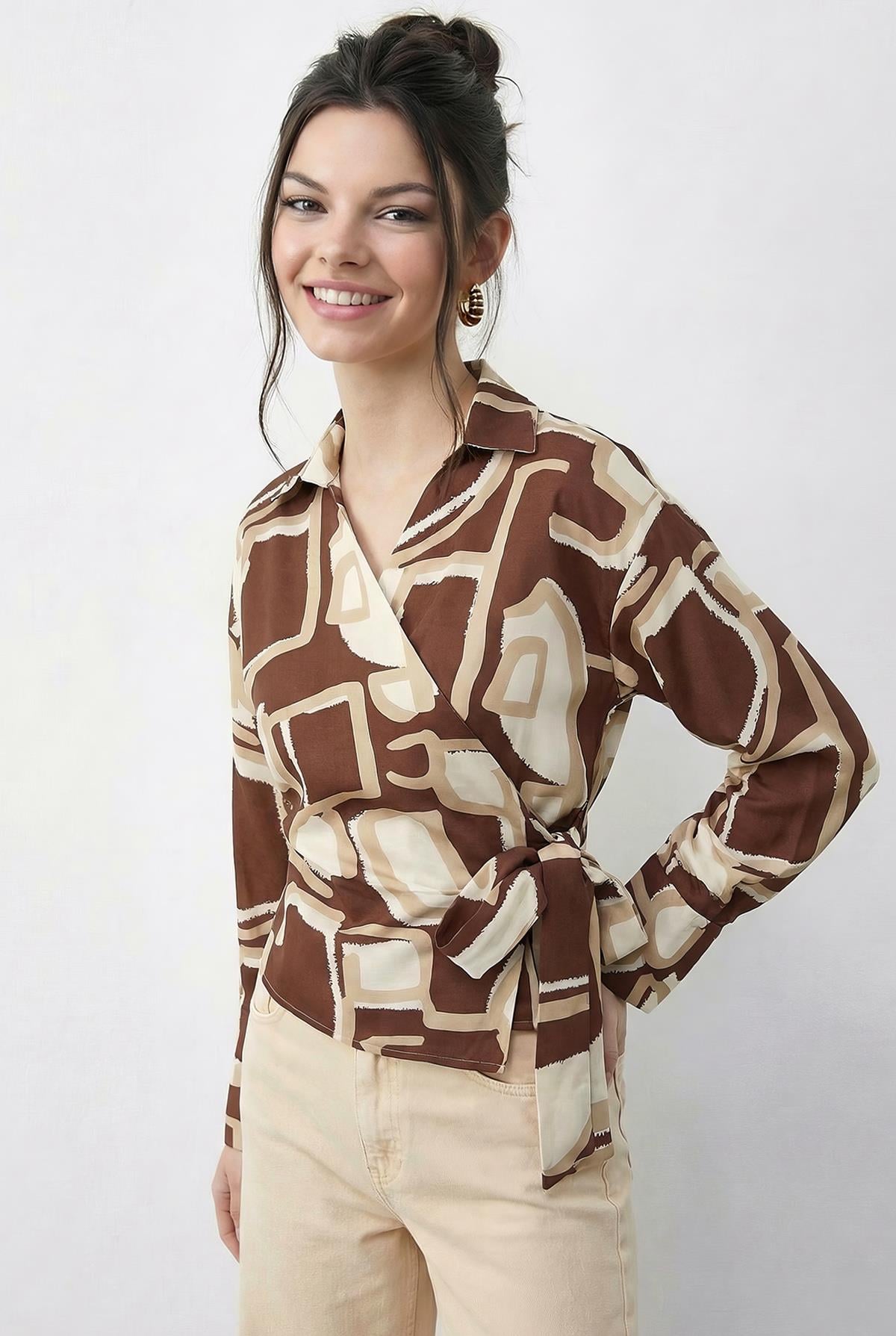 Women's Patterned Wrap Collar Side-Tie Viscose Shirt 71771 60286039 - Tan