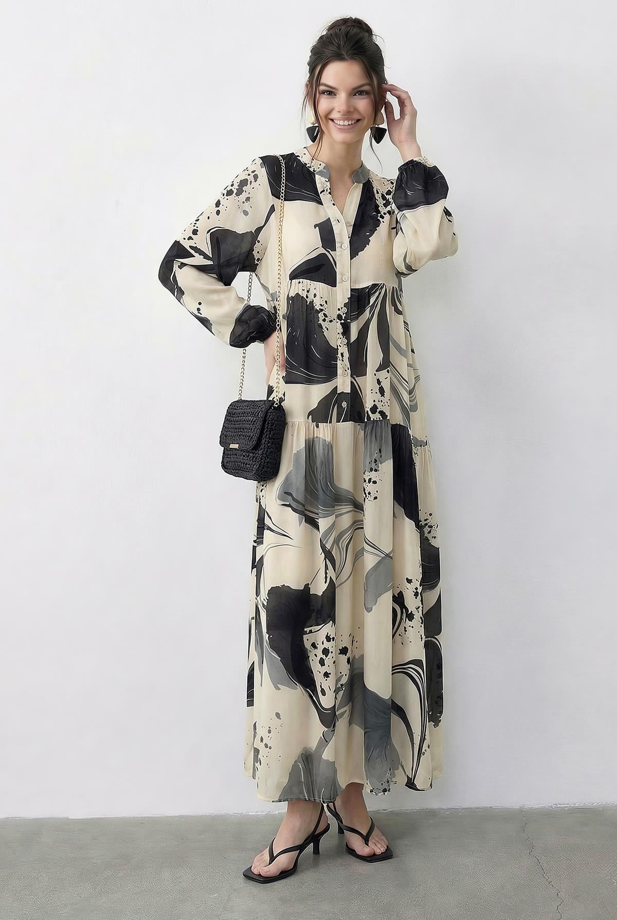 Women's Patterned Layered Viscose Dress with Half Button Detail 2590 60286012 - Cream-Gray