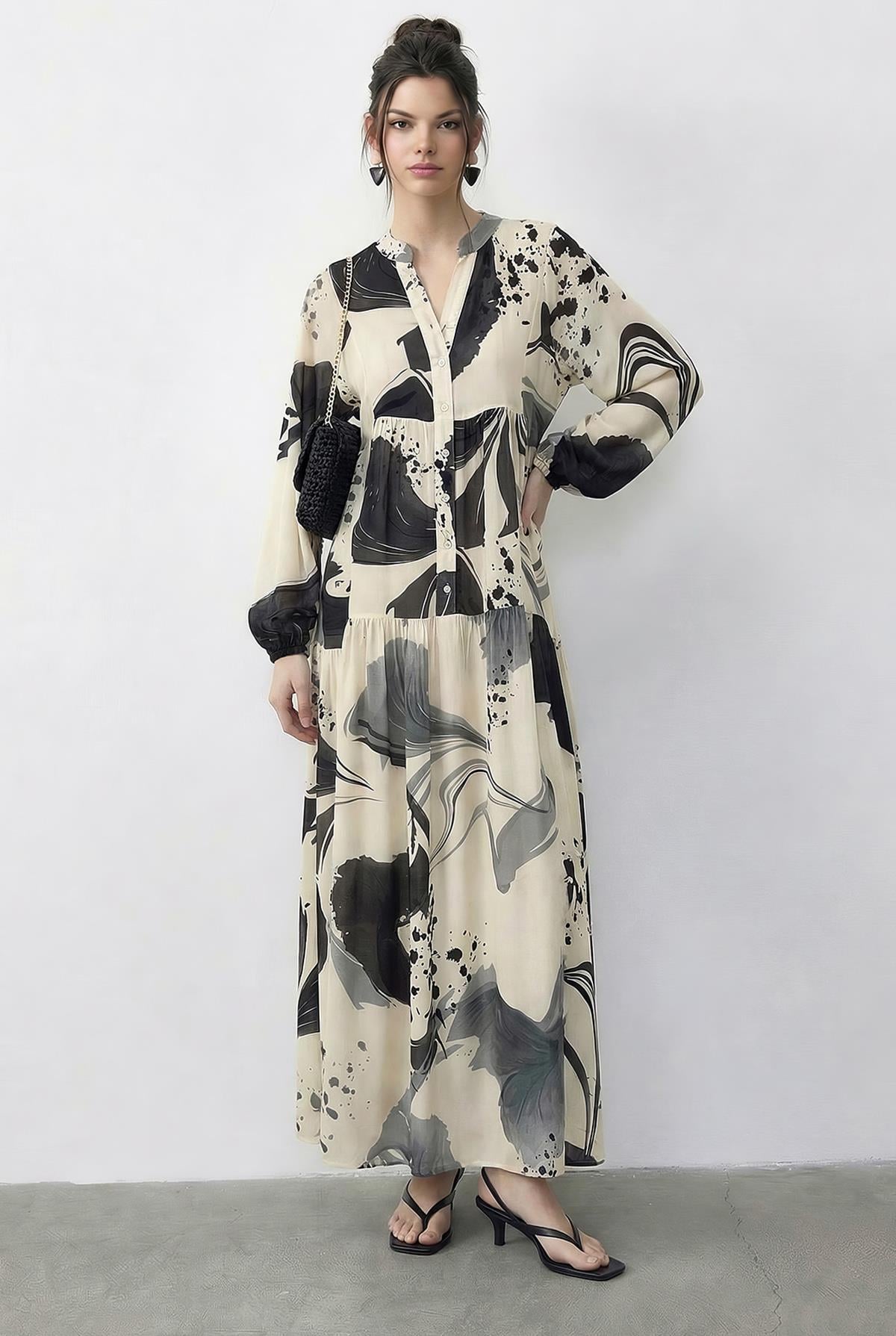 Women's Patterned Layered Viscose Dress with Half Button Detail 2590 60286012 - Cream-Gray