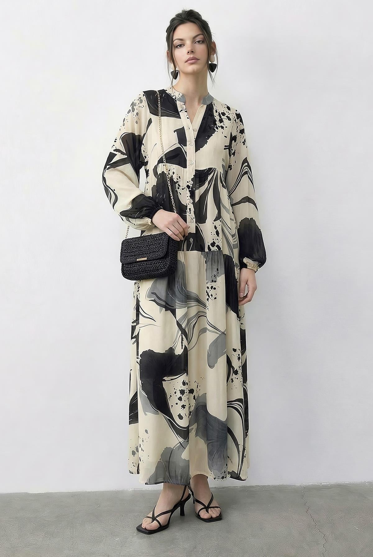 Women's Patterned Layered Viscose Dress with Half Button Detail 2590 60286012 - Cream-Gray