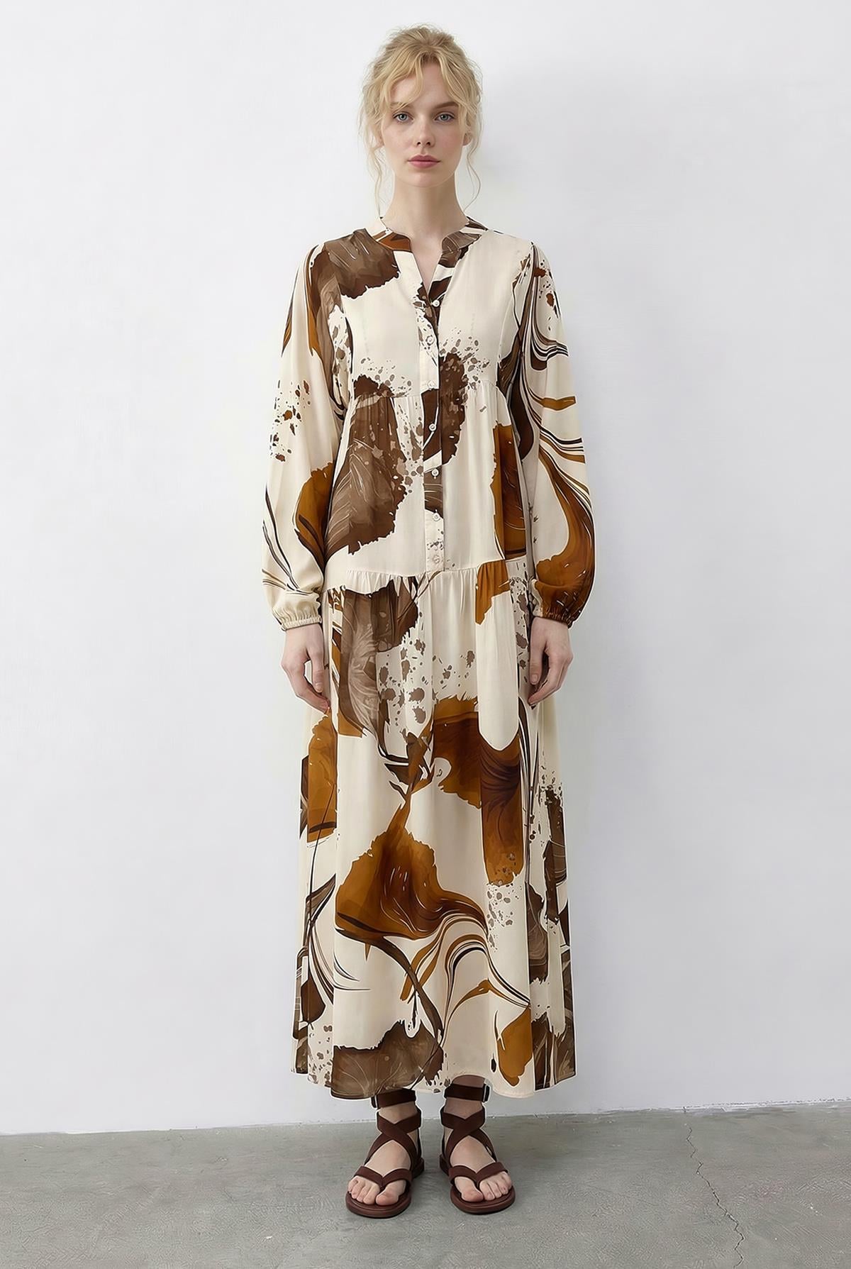 Women's Patterned Layered Viscose Dress with Half Button Detail 2590 60286012 - Beige-Orange