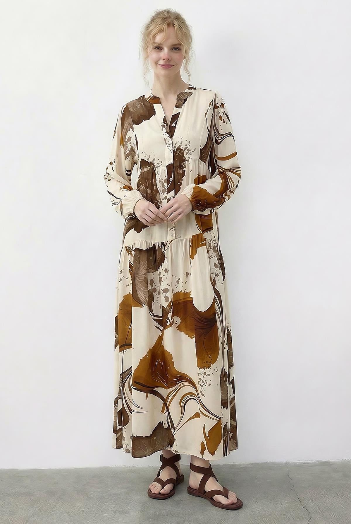 Women's Patterned Layered Viscose Dress with Half Button Detail 2590 60286012 - Beige-Orange