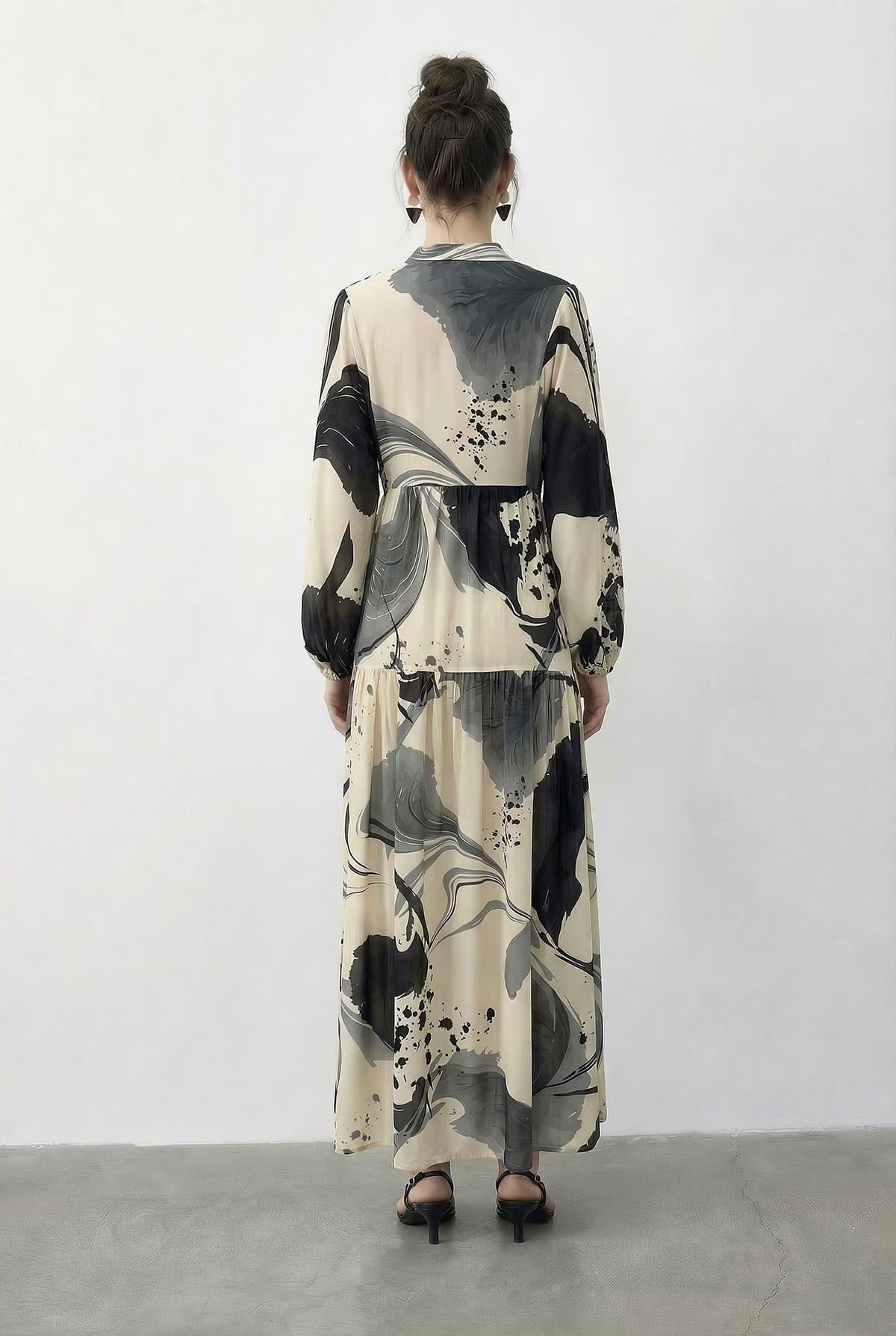 Women's Patterned Layered Viscose Dress with Half Button Detail 2590 60286012 - Cream-Gray