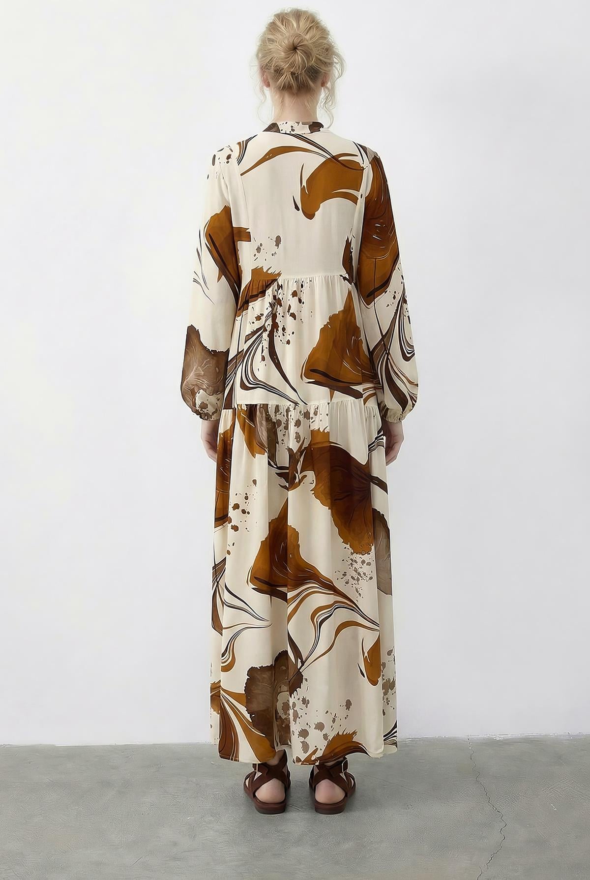 Women's Patterned Layered Viscose Dress with Half Button Detail 2590 60286012 - Beige-Orange