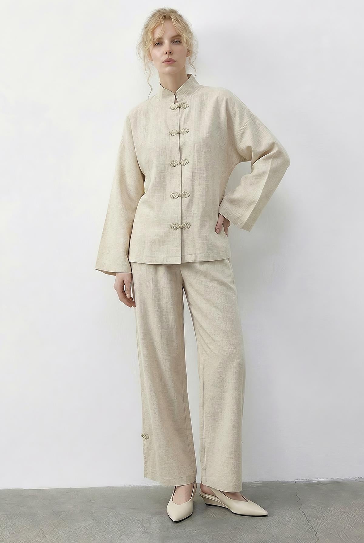 Women's Natural Textured Button Detail Shirt and Wide-Leg Pants Set 60624 60286042 - Cream
