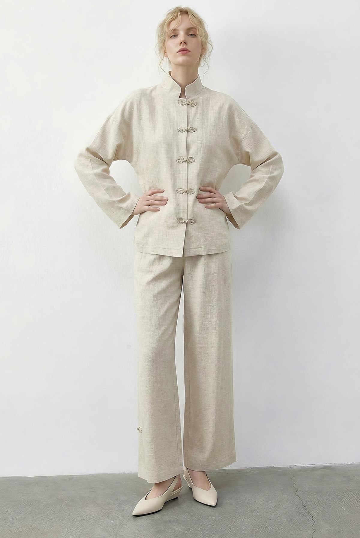 Women's Natural Textured Button Detail Shirt and Wide-Leg Pants Set 60624 60286042 - Cream