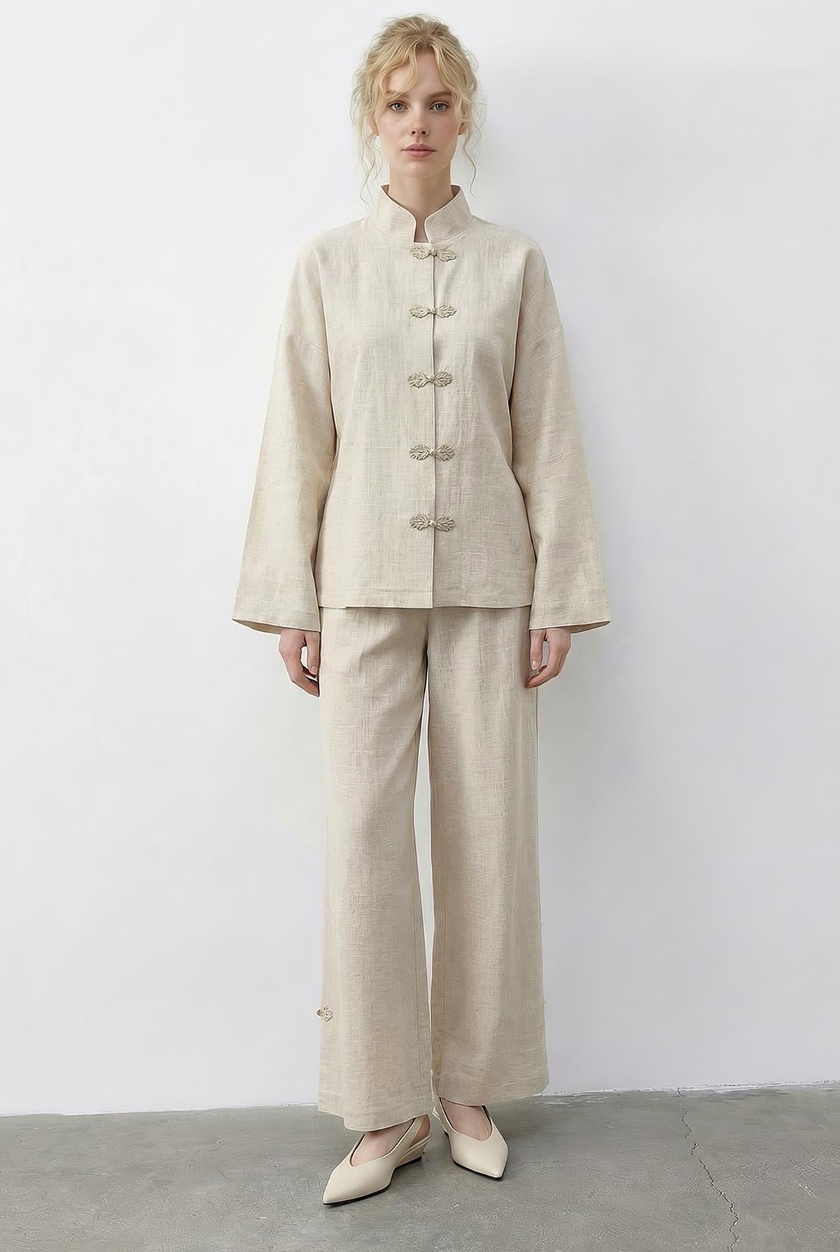 Women's Natural Textured Button Detail Shirt and Wide-Leg Pants Set 60624 60286042 - Cream