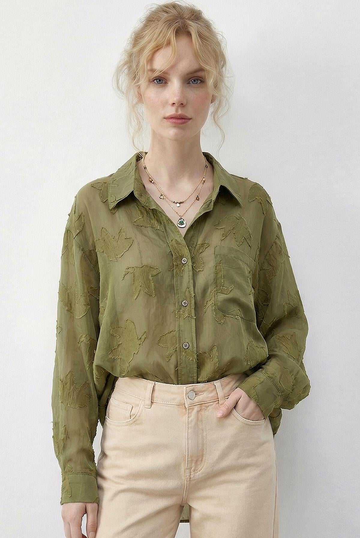 Women's Textured Fabric Transparent Shirt with Pockets 8092 60286032 - Sage Green