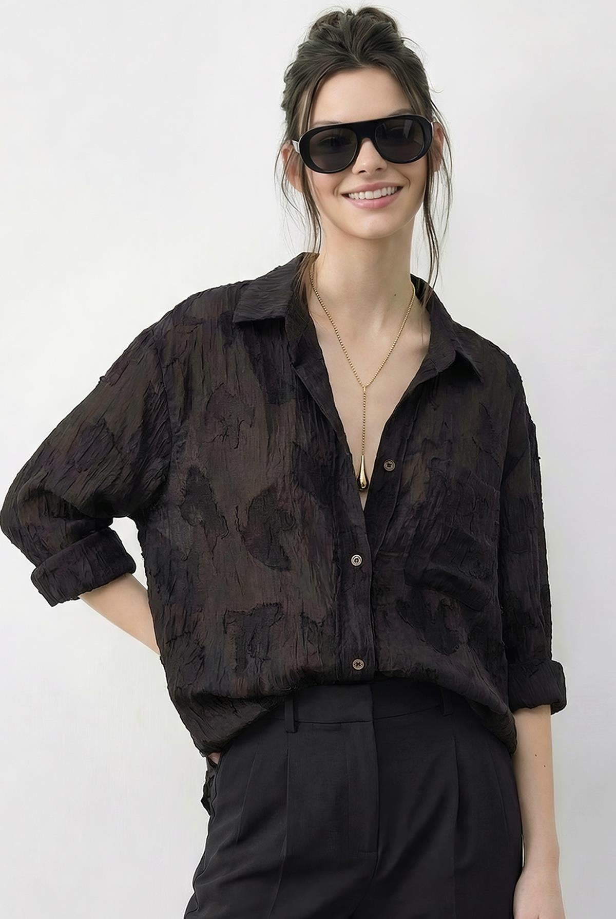 Women's Textured Fabric Transparent Shirt with Pockets 8092 60286032 - Dark Brown