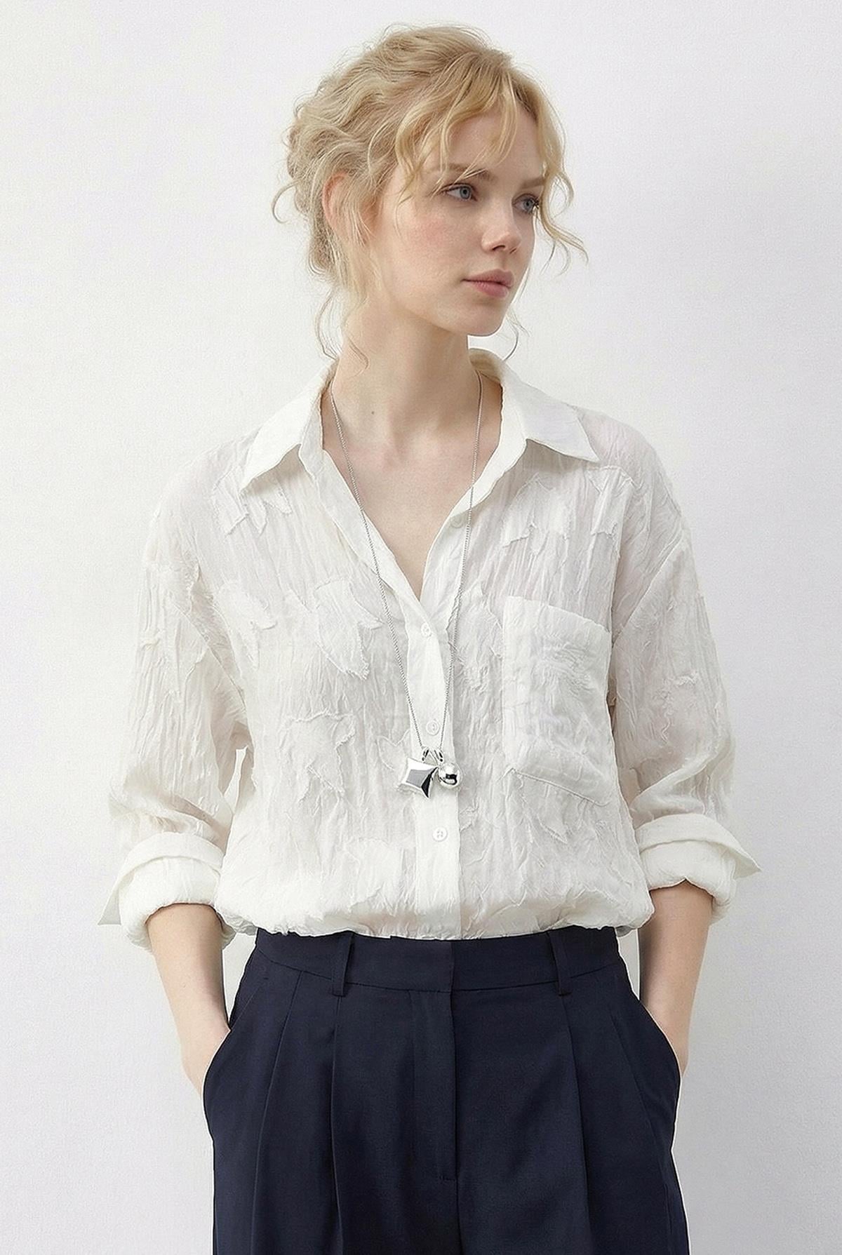 Women's Textured Fabric Transparent Shirt with Pockets 8092 60286032 - White