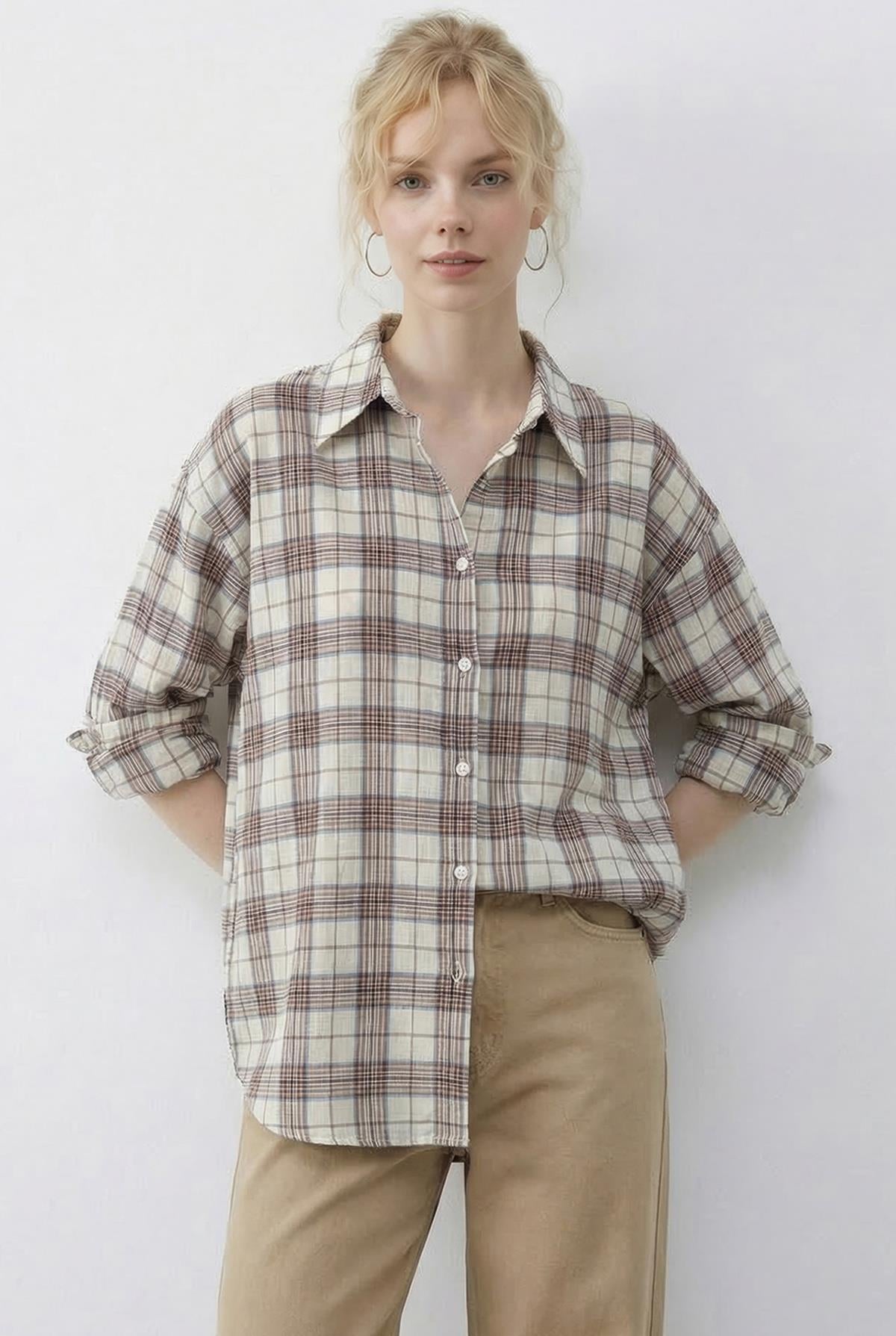 Women's Plaid Pattern Relaxed 100% Cotton Shirt 34519 60286020 - Ecru-Beige