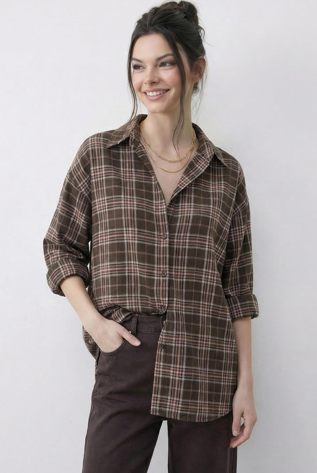Women's Plaid Pattern Relaxed 100% Cotton Shirt 34519 60286020 - Brown