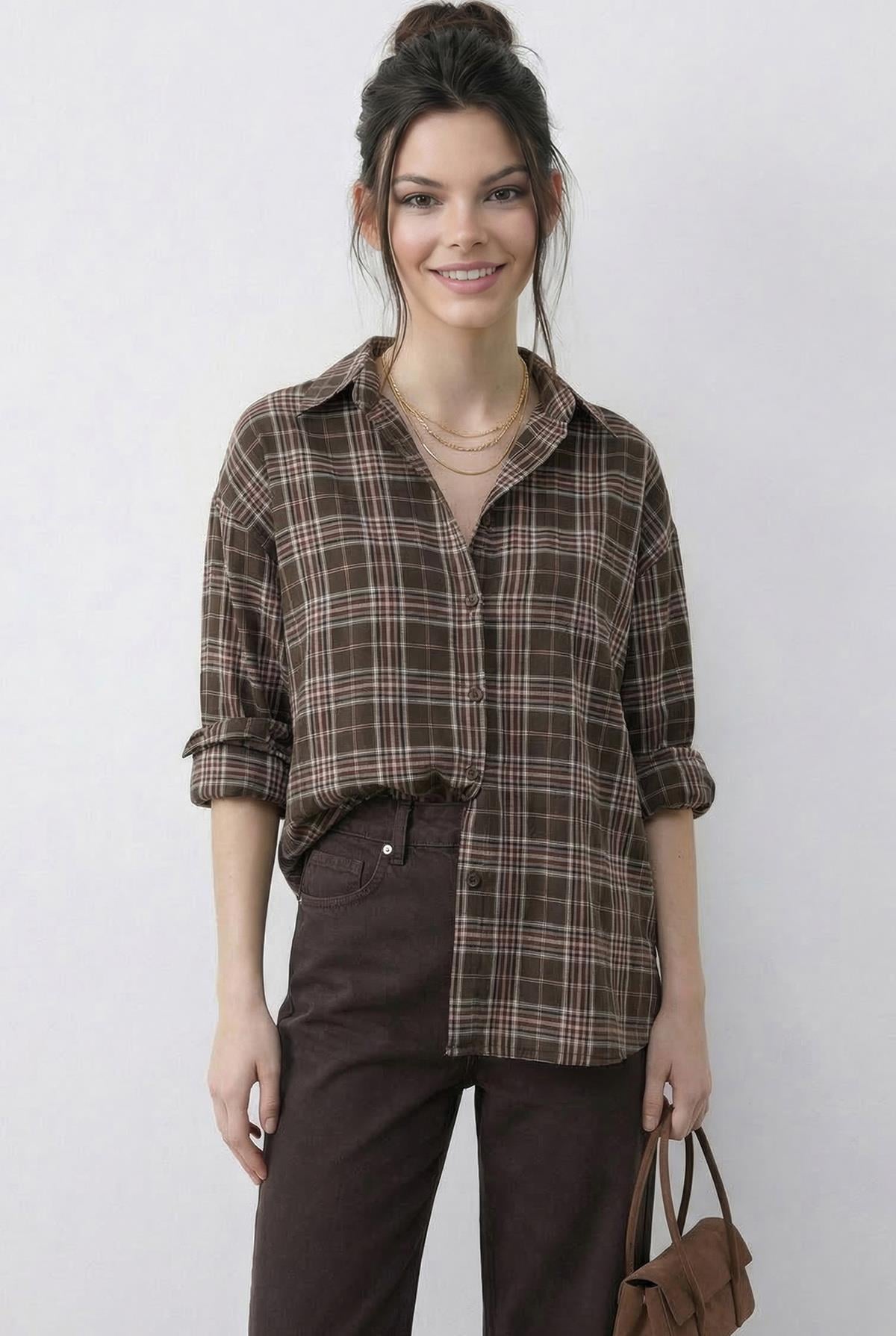 Women's Plaid Pattern Relaxed 100% Cotton Shirt 34519 60286020 - Brown