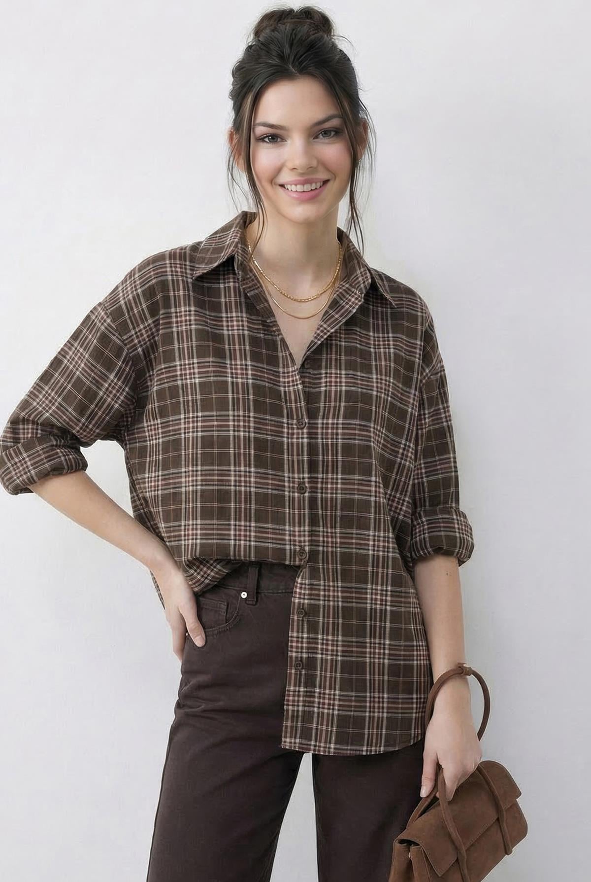 Women's Plaid Pattern Relaxed 100% Cotton Shirt 34519 60286020 - Brown