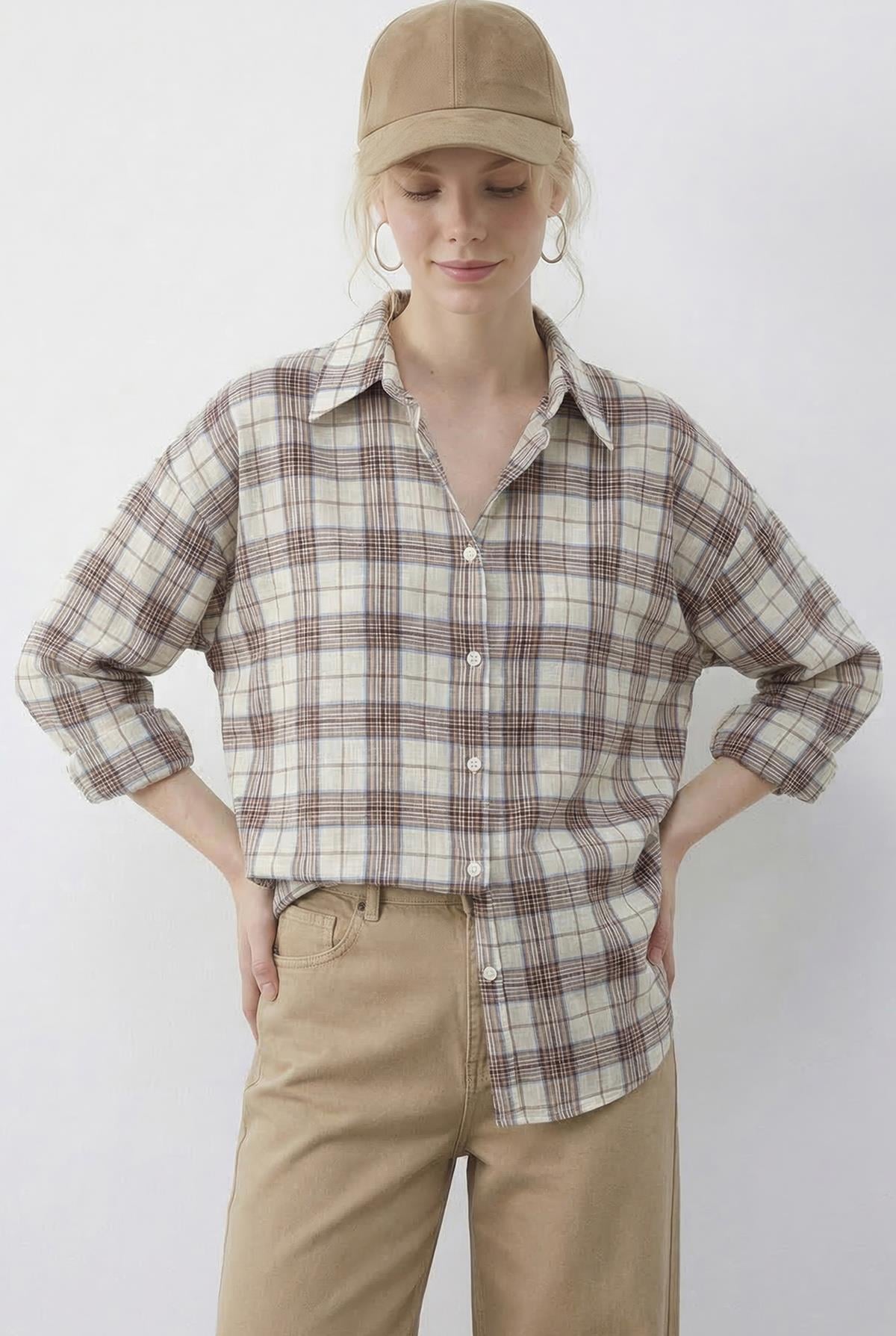 Women's Plaid Pattern Relaxed 100% Cotton Shirt 34519 60286020 - Ecru-Beige