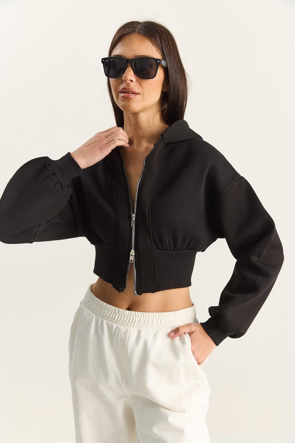 Women's Zip-Up Hooded Fitted Stretch Knit Crop Sweatshirt 60283858 - Black