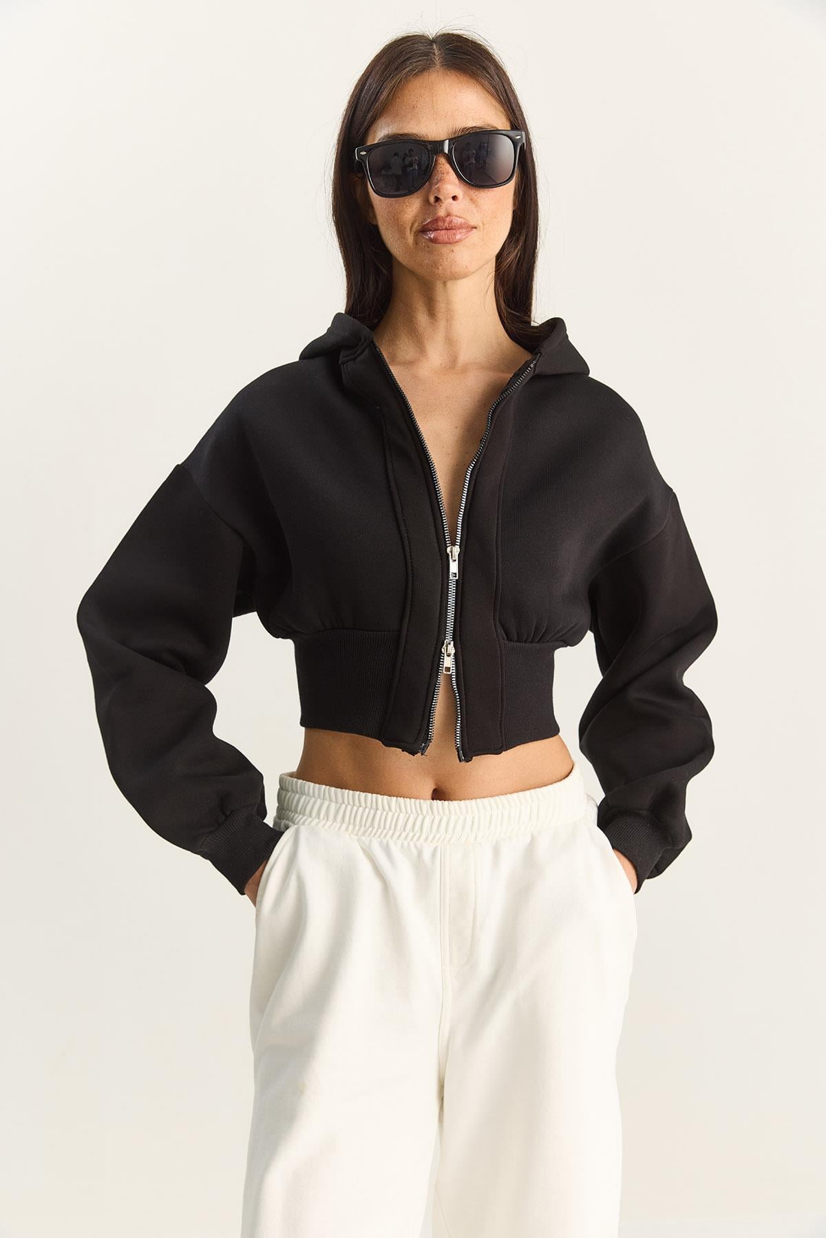 Women's Zip-Up Hooded Fitted Stretch Knit Crop Sweatshirt 60283858 - Black