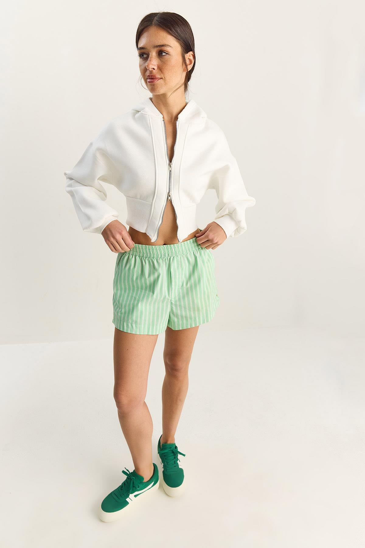 Women's Zip-Up Hooded Fitted Stretch Knit Crop Sweatshirt 60283858 - White