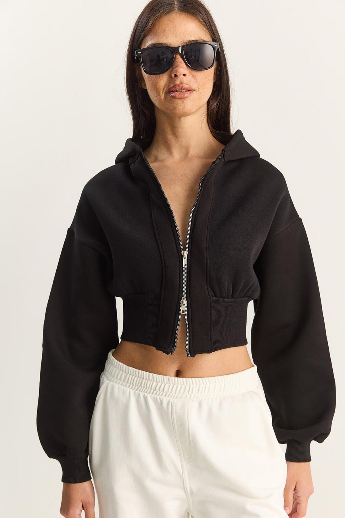 Women's Zip-Up Hooded Fitted Stretch Knit Crop Sweatshirt 60283858 - Black