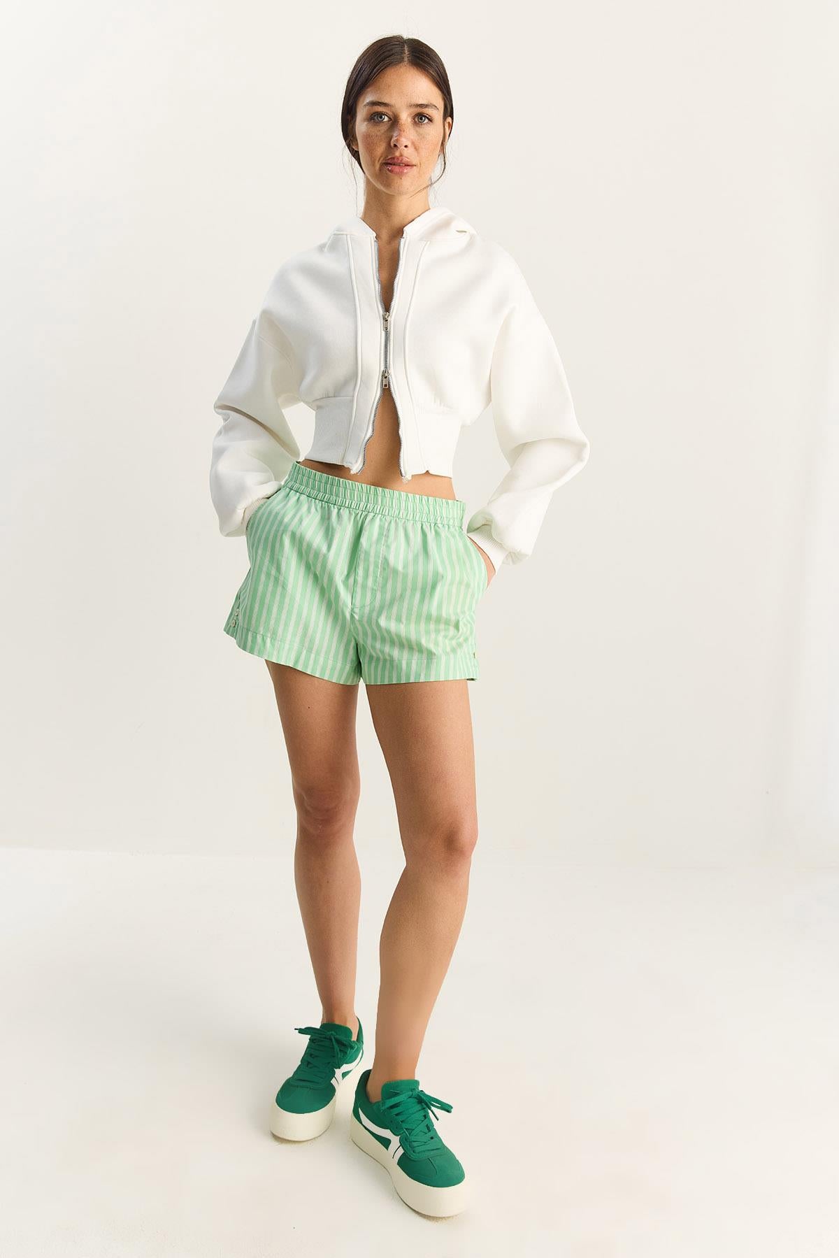 Women's Zip-Up Hooded Fitted Stretch Knit Crop Sweatshirt 60283858 - White